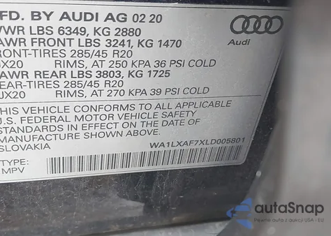 2020 Audi Q7 Premium Plus 55 Tfsi Quattro Tiptronic from USA, damaged, VIN WA1LXAF7XLD005801